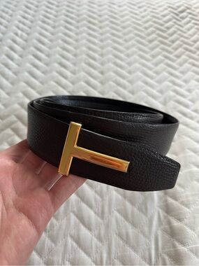Tom Ford Signature T Buckle Grain Leather Belt Reversible Black Brown, Size 95